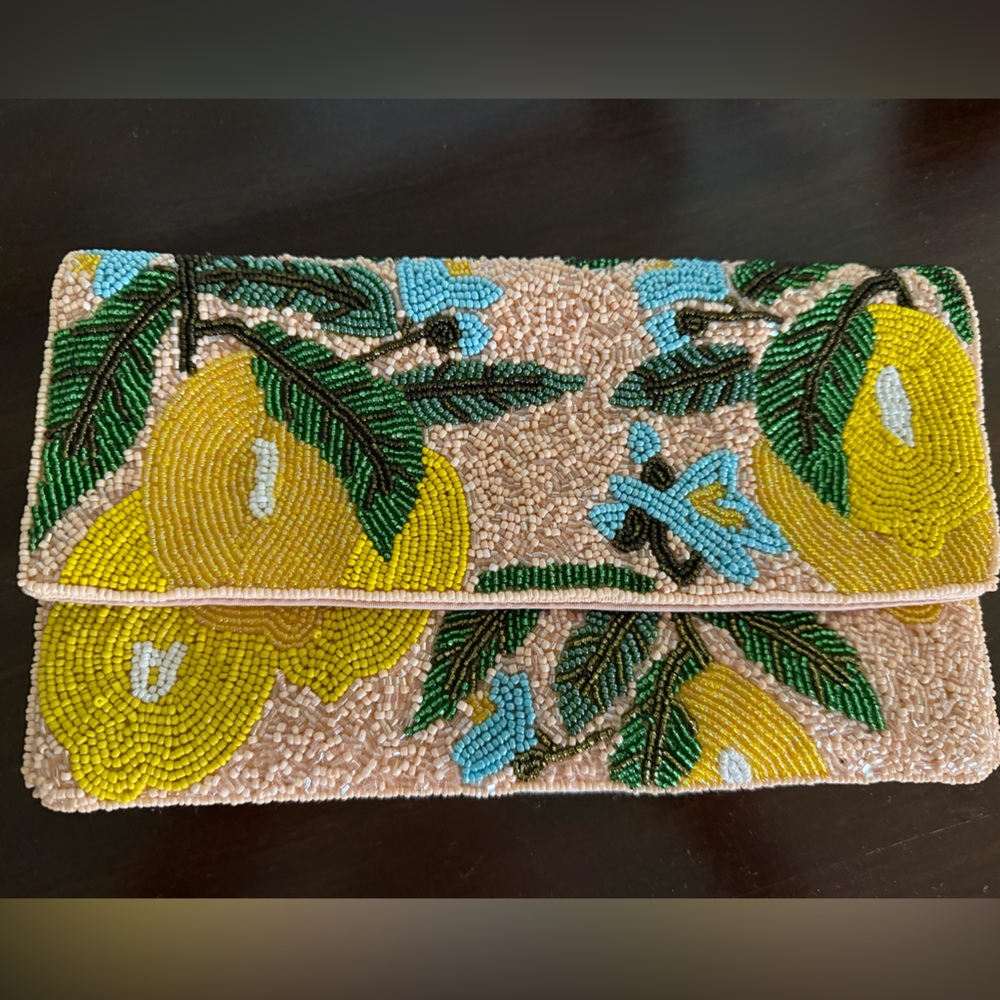 Beaded Lemon Embellished Fold-Over Clutch